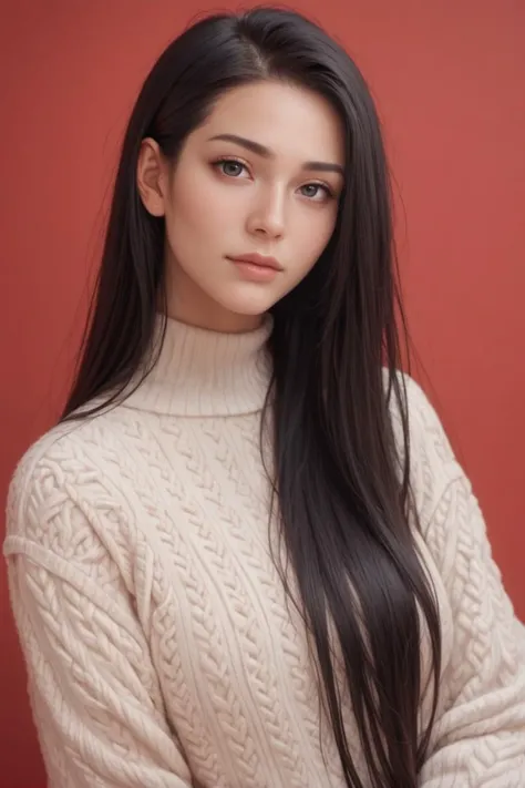 score_9,score_8_up,score_7_up, 20 years old, 8k, hd, beautiful girl, black hair, very long hair, straight hair, closed mouth,
1girl, detailed face, beautiful woman's face, sweater, red background, looking at viewer,