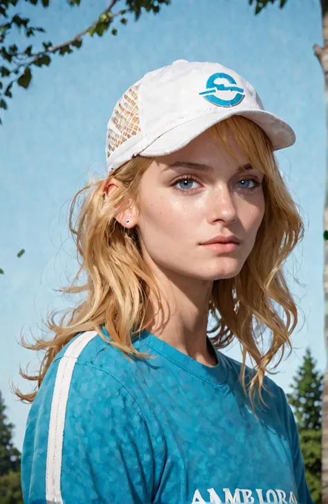 score_9, score_8_up, score_7_up,1girl, amberv,1girl ,blonde hair,looking at viewer, ball cap, blue sky, trees  <lora:amberv-000009:1.0>