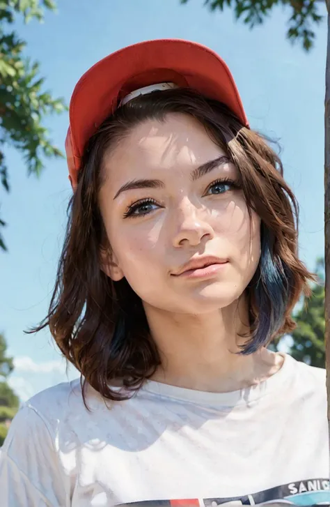score_9, score_8_up, score_7_up, jodelleFerland,1girl, cute, sexy stare, tan, looking at viewer, ball cap, blue sky, trees <lora:JodelleFerland:1.0>
