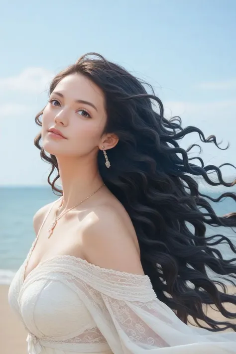 score_8_up, score_9, 20years old woman with long wavy hair, 1girl, 20 years old, very long hair, windblown hair , black hair, looking at viewer,
beautiful woman, beautiful face, dressed, earrings, necklace, outdoors,