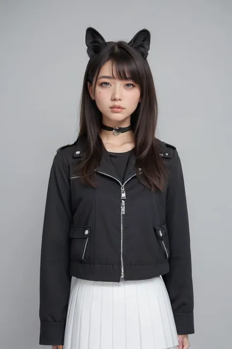 score_9,score_8_up,score_7_up, 20 years old, 8k, hd, beautiful girl, asian,
1girl, animal ears, bangs, black choker, black jacket, choker, grey background, grey eyes, jacket, lips, long hair, long sleeves, looking at viewer, pleated skirt, realistic, skirt, solo, standing, white skirt, (fuller lips:0.8), beauty mark,half body,
