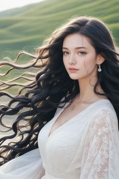 score_8_up, score_9, 20years old woman with long wavy hair, 1girl, 20 years old, very long hair, windblown hair , black hair, looking at viewer,
beautiful woman, beautiful face, dressed, earrings, necklace, outdoors,