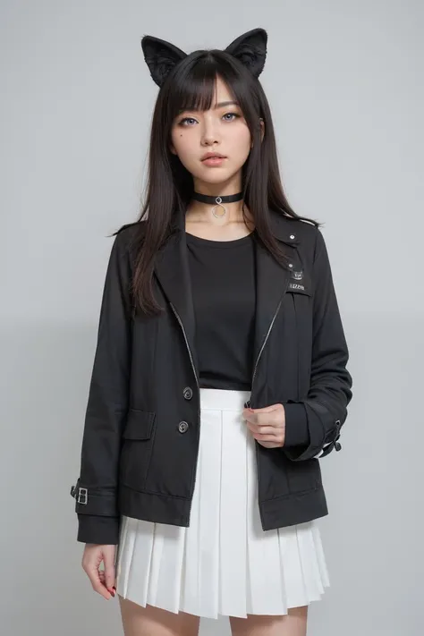 score_9,score_8_up,score_7_up, 20 years old, 8k, hd, beautiful girl, asian,
1girl, animal ears, bangs, black choker, black jacket, choker, grey background, grey eyes, jacket, lips, long hair, long sleeves, looking at viewer, pleated skirt, realistic, skirt, solo, standing, white skirt, (fuller lips:0.8), beauty mark,half body,