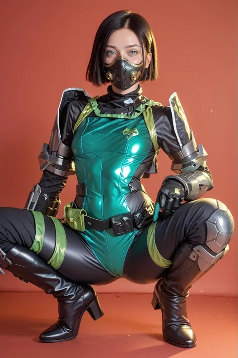 score_9,score_8_up,score_7_up,red background,1girl,solo,looking at viewer,squatting cowgirl position,spread legs,full body,<lora:lemon0035-Viper Valorant Costume_pony_v1:0.9>,lemon0035,green bodysuit,black bodysuit,armor,belt,gloves,pouch,mask,boots,