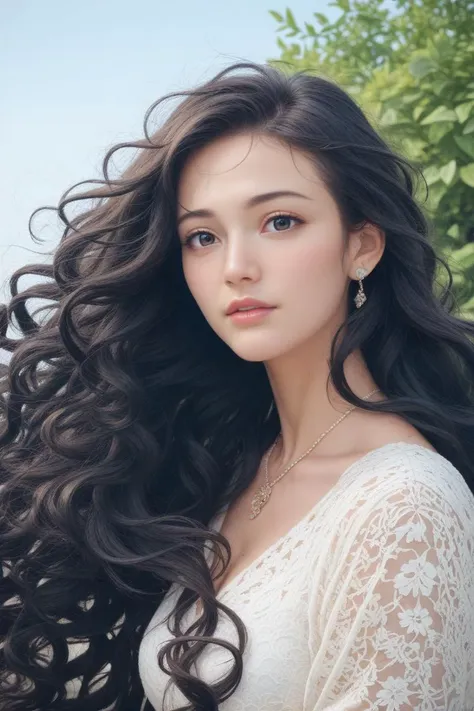 score_8_up, score_9, 20years old woman with long wavy hair, 1girl, 20 years old, very long hair, windblown hair , black hair, looking at viewer,
beautiful woman, beautiful face, dressed, earrings, necklace, outdoors,