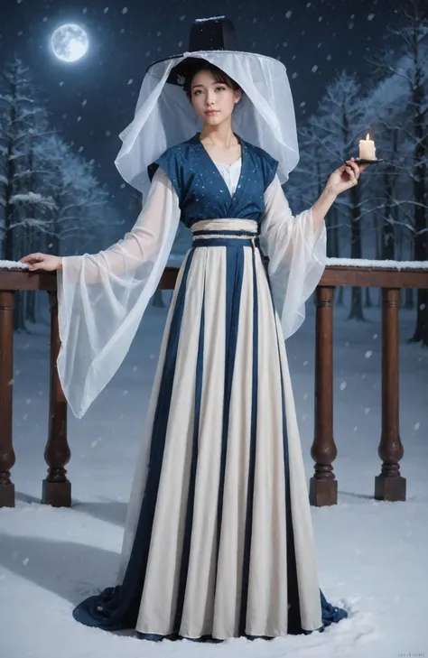 1girl,20 years old, realistic, 8k hd, (veil_hat, hanfu), stand, full body, snowing, snow, moon night, masterpiece, best quality, 8k, score_9, score_8_up, score_7_up,