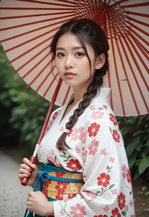 score_9, score_8_up, score_7_up, score_6_up, score_5_up, score_4_up, source_photo, source_real, 1girl, solo, looking_at_viewer, brown_hair, holding, brown_eyes, upper_body, braid, japanese_clothes, kimono, twin_braids, umbrella, floral_print, cherry_blossoms, oil-paper_umbrella <lora:model_asian_am_pxl:1> photo