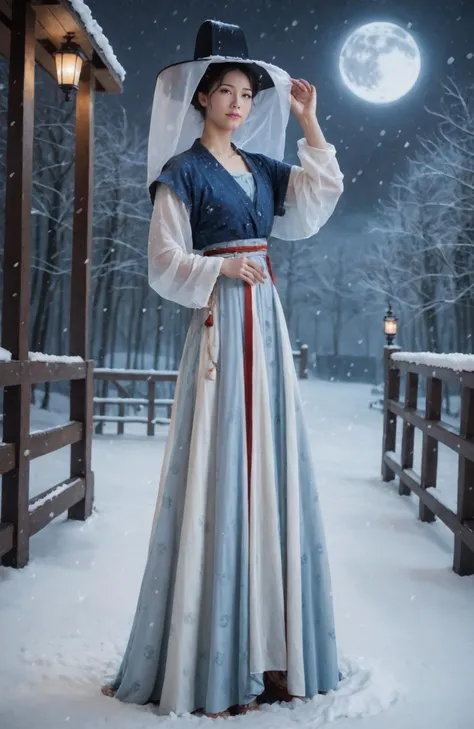 1girl,20 years old, realistic, 8k hd, (veil_hat, hanfu), stand, full body, snowing, snow, moon night, masterpiece, best quality, 8k, score_9, score_8_up, score_7_up,