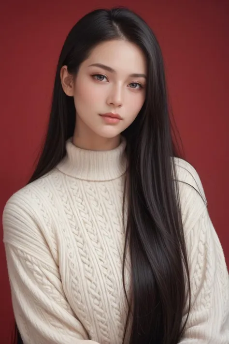 ,score_9,score_8_up,score_7_up, 20 years old, 8k, hd, beautiful girl, black hair, very long hair, straight hair, closed mouth,
1girl, detailed face, beautiful woman's face, sweater, red background, looking at viewer,