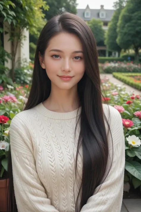 score_9,score_8_up,score_7_up,
masterpiece, 20 years old, 8k, hd, beautiful girl, black hair, very long hair, straight hair, light smile,
1girl, detailed face, beautiful woman's face, sweater, garden, full of flowers, looking at viewer, upper body, half body,