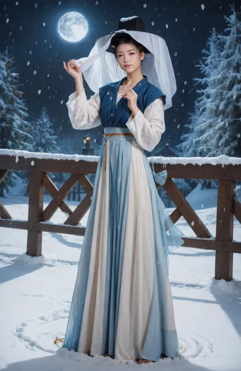 1girl,20 years old, realistic, 8k hd, (veil_hat, hanfu), stand, full body, snowing, snow, moon night, masterpiece, best quality, 8k, score_9, score_8_up, score_7_up,