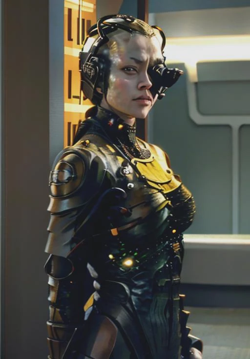 a borg sevonofnine standing against a sc-fi wall, weapon in one hand, glowing wall with green circuitry, close-up, upper body