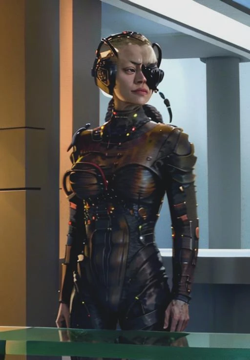 (tawny newsome:1.2), (black skin:1.2), (liquid metal girl
 sttldunf uniform:1.2), (Liquid Metal sttldunf uniform:1.2) being assimilated by board collective Borg, robotic, right arm, and right eye
ballgag, leather catsuit, belt, lying, prisoner, (best quality,4k,8k,highres,masterpiece:1.2),ultra-detailed,(realistic,photorealistic,photo-realistic:1.37),dark moody lighting,dramatic chiaroscuro,cinematic, (portrait:1.2)