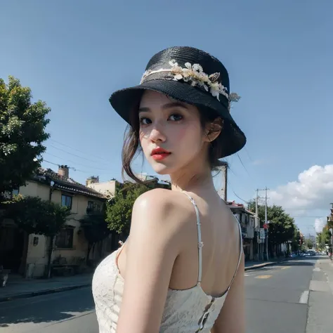 best quality, masterpiece, illustration, realistic, photo-realistic, amazing, finely detail, incredibly absurdres, huge filesize, ultra-detailed, highres, extremely detailed CG unity 8k wallpaper, <lora:hoian_v1.0:0.9:0.9:lbw=KEEPBG>, mksks style, scenery, sky, hat
