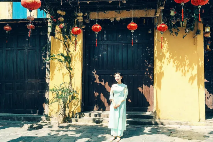 1girl, ultra high res,(realistic lanterns)),deep shadow,(best quality, masterpiece), pale skin, dimly lit, shade, flustered, blush, highly detailed, ((full body:1.1)), skinny, BREAK depth of field, film grain, wrinkled skin, looking at viewer, knee, warm smile,
Hoi An in Viet Nam, street, night,
<lora:aodai:0.6>, aodai,
<lora:hoian-000008:0.7>,
<lora:Heavy_grain:0.7>, (masterpiece,best quality:1.5)