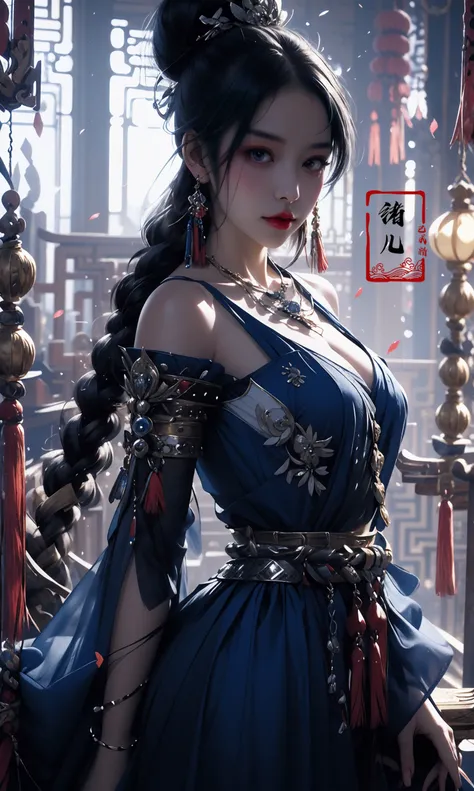 masterpiece, best quality, 8k, insane details, intricate details, hyperdetailed, hyper quality, high detail, ultra detailed, Masterpiece,
solo focus, 1girlsololooking at viewerred lipsclosed mouthmedium breasts (Milky skin, shiny skin:1.3)(upper body:1.0),
(blue chinese clothes:1.1), (blue dress:1.2)clothing cutoutlong sleeves(tassel earringshair ornamentnecklace:1.2), updohair bunbare shoulders, detached sleeves,
architecture, indoorseast asian architecturepetals, falling petals, lantern, <lora:updo_20230903192906:1>