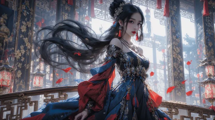 wide_shot,from_below,masterpiece,best quality,8k,insane details,intricate details,hyperdetailed,hyper quality,high detail,ultra detailed,Masterpiece,solo focus,1girl,solo,looking at viewer,red lips,closed mouth,medium breasts,Milky skin,(shiny skin:1.3),(upper body:0.1),(black chinese clothes:1.1),(black dress:1.2),clothing cutout,long sleeves,(tassel earrings,hair ornament,necklace:1.2),updo,hair bun,bare shoulders,detached sleeves,architecture,indoors,east asian architecture,petals,falling petals,lantern,<lora:updo_20230903192906>,