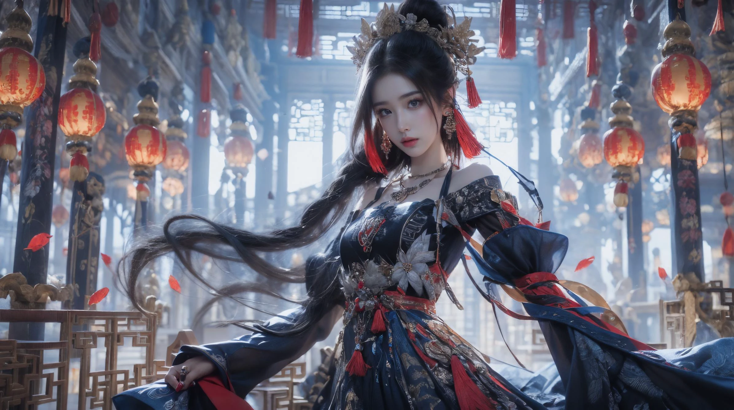 wide_shot,from_below,masterpiece,best quality,8k,insane details,intricate details,hyperdetailed,hyper quality,high detail,ultra detailed,Masterpiece,solo focus,1girl,solo,looking at viewer,red lips,closed mouth,medium breasts,Milky skin,(shiny skin:1.3),(upper body:0.1),(black chinese clothes:1.1),(black dress:1.2),clothing cutout,long sleeves,(tassel earrings,hair ornament,necklace:1.2),updo,hair bun,bare shoulders,detached sleeves,architecture,indoors,east asian architecture,petals,falling petals,lantern,<lora:updo_20230903192906>,