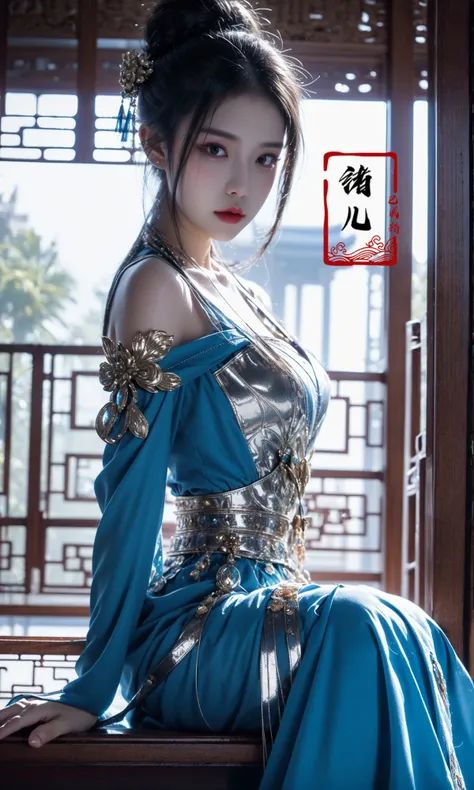 masterpiece, best quality, 8k, insane details, intricate details, hyperdetailed, hyper quality, high detail, ultra detailed, Masterpiece,
1girlsololooking at viewerred lipsclosed mouthforehead markmedium breasts (Milky skin, shiny skin:1.3)(upper body:1.0),
dressblue dressclothing cutoutlong sleevestassel earringshair ornamentupdohair bun
indoorseast asian architecturesittingcrossed legs
<lora:updo_20230903192906:0.9>