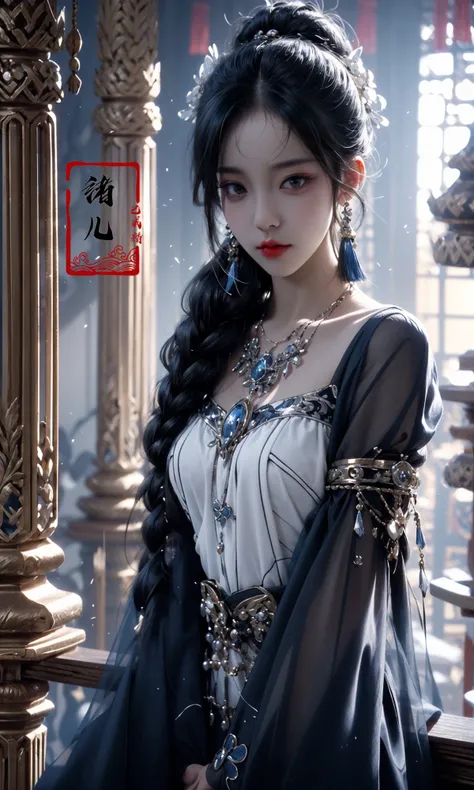 fractal art,Light white and dark indigo, A mysterious girl from ancient China with hanfu, with a dark aesthetic that is poignant, eerie, and bizarre, in the style of dark surrealist imagery, Conceptual scene, Chinese interior scene, ethereal fantasy, otherworldly atmosphere, Walter Crane