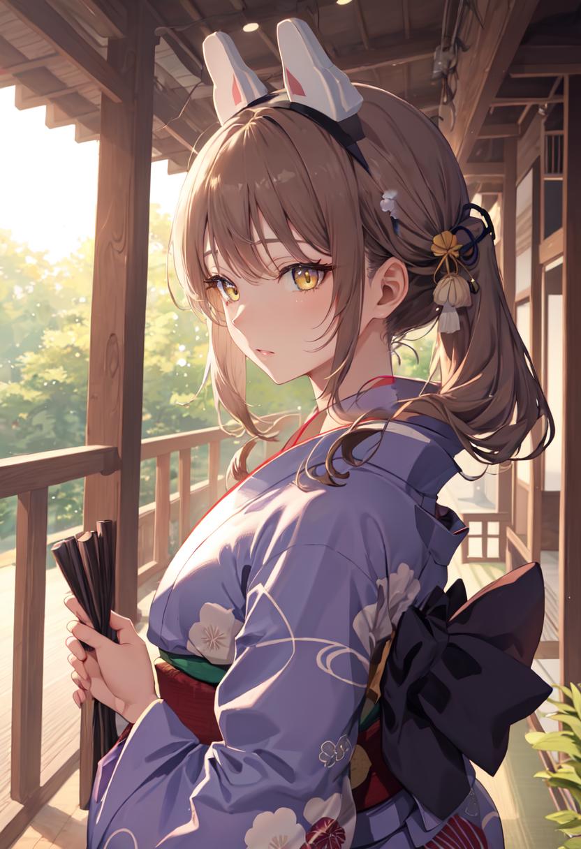 Anime girl in kimono outfit holding a fan and looking at her phone ...
