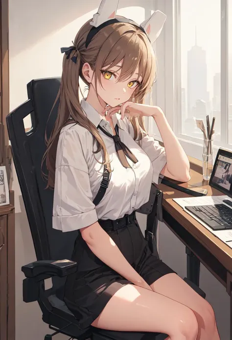 (safe:1.10), best quality, masterpiece, highres, solo, (moe_bluearchive:1.10), sitting, sitting on chair, chair, cowboy shot, looking at viewer, 29 <lora:moe_bluearchive:0.80>
