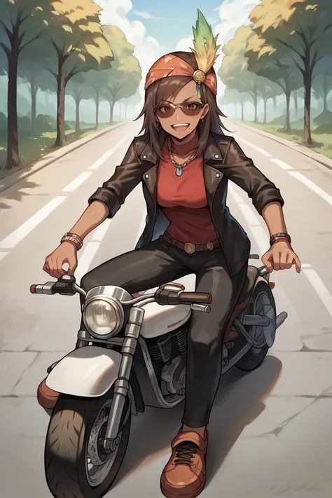 score_9, score_8_up, score_7_up, score_6_up, source_anime, 1girl, solo BREAK <lora:ff9lani-pdxl-nvwls-v1-000005:1> ff9lani, brown hair, dark skin, bandana, feather hair ornament, leather jacket, black pants, red shirt, motorcycle, sunglasses, road, looking at viewer, happy
