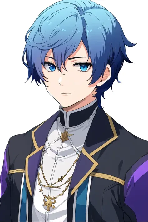 ((masterpiece, best quality)), (half body portrait:1.2), facing viewer, beautiful, (1 boy:1.2),( blue to purple ombre hair:1.1), (short hair:1.9) ,black jacket with golden buttons, white sleeves crystal blue eyes, detailed eyes,8k, absurdres, whitebackground <lora:trails_cb_nocaptions:1>