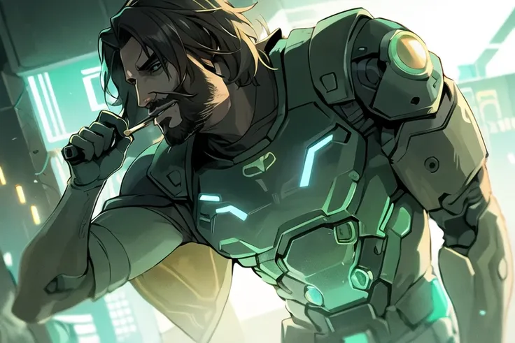 mccree, cyberpunk, purple and green pallete, cyborg, revlver in right hand, smoking gun, neon lights, western setting, <lora:mccreeCassidyOverwatch_v1:0.7>, best quality