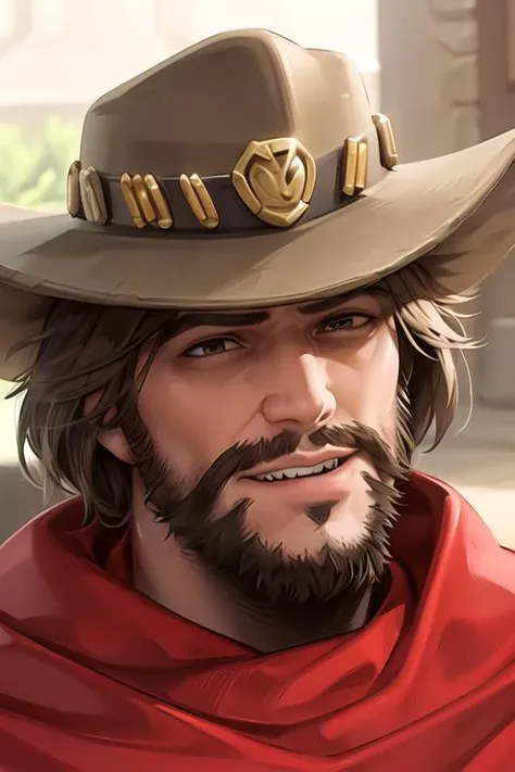 portrait, mccree, looking at viewer, smirk, <lora:mccreeCassidyOverwatch_v1:0.7>, best quality