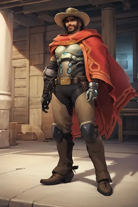 mccree, mature male, poncho, cowboy boots, mechanical arm, <lora:mccreeCassidyOverwatch_v1:0.7>, best quality