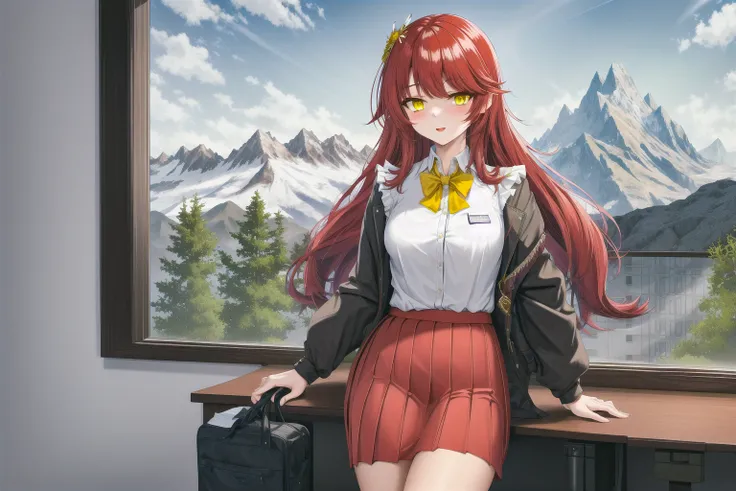 masterpiece, best quality, 1girls, yellow eyes, red long hair, skirt, small breast, mountain, <lora:mahiru-v2:0.5>, yellow eyes, office lady,