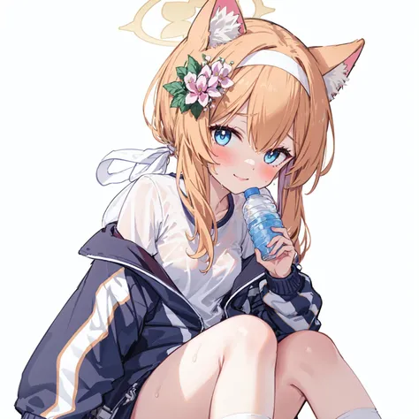 ((masterpiece,best quality)),((white background)),
mariTrack, 1girl, mari (blue archive), solo, animal ears, halo, bottle, flower, official alternate costume, hair ornament, hair flower, orange hair, long hair, jacket, gym uniform, water bottle, looking at viewer, blue eyes, hairband, blush, sitting, animal ear fluff, white hairband, holding, sweat, holding bottle, locker, shirt, bangs, white shirt, track jacket, socks, short sleeves, white socks, shorts, buruma,smile, blush, lean forward, (see through), sweat,
<lora:iochiMari:1>,