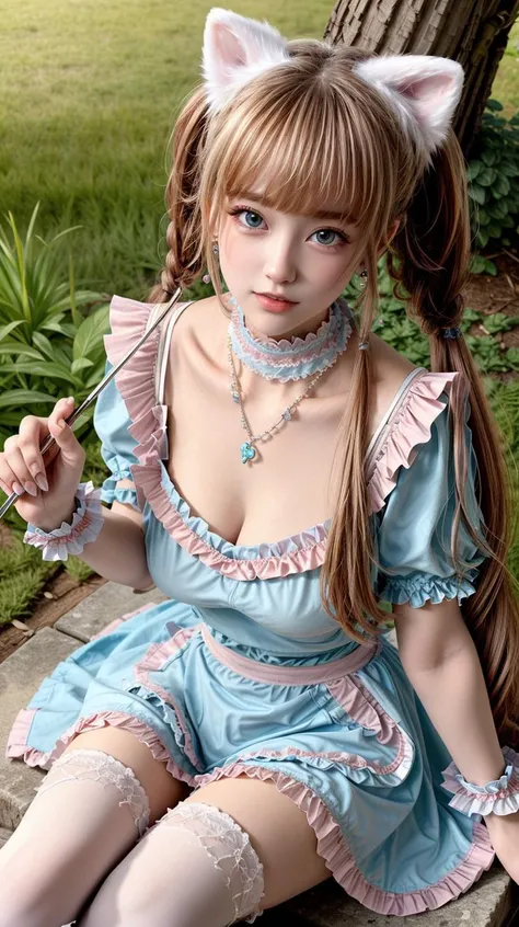 masterpiece,best quality,(detailed face, perfect face, perfect eyes, realistic eyes, perfect fingers),(clear face),fantasy girl,long hair,jewelry,earrings,looking at viewer,intricate,high detail,sharp focus,dramatic,beautiful girl,necklace,outdoors,knees up,sitting,
<lora:add_detail:0.9>,
<lora:Japanese maid dress9:0.75> dress,animal ears,thighhighs,twintails,apron,cosplay,frilled choker,