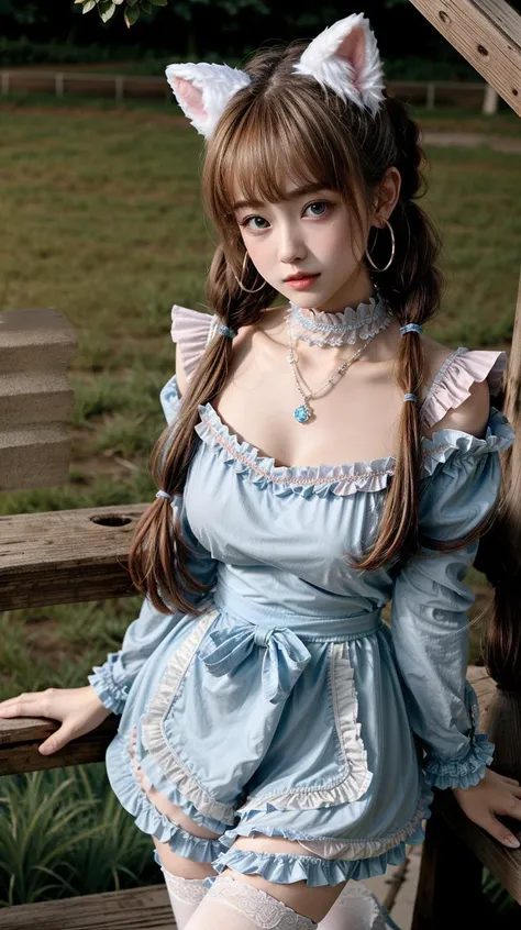 masterpiece,best quality,(detailed face, perfect face, perfect eyes, realistic eyes, perfect fingers),(clear face),fantasy girl,long hair,jewelry,earrings,looking at viewer,intricate,high detail,sharp focus,dramatic,beautiful girl,necklace,outdoors,standing, full body, looking at viewer,
<lora:add_detail:0.9>,
<lora:Japanese maid dress9:0.75> dress,animal ears,thighhighs,twintails,apron,cosplay,frilled choker,