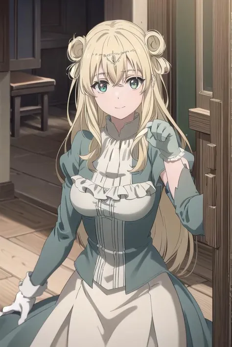 altenaedgardolatis, <lora:altena edgardo latis s1-lora-nochekaiser:1>,
altena edgardo latis, long hair, blonde hair, hair ornament, (green eyes:1.3), flower, hair flower, hair bun, double bun, smile,
BREAK gloves, dress, elbow gloves, white gloves, white dress, frills, corset, white corset,
BREAK indoors, castle,
BREAK looking at viewer, (cowboy shot:1.5), dynamic pose,
BREAK <lyco:GoodHands-beta2:1>, (masterpiece:1.2), best quality, high resolution, unity 8k wallpaper, (illustration:0.8), (beautiful detailed eyes:1.6), extremely detailed face, perfect lighting, extremely detailed CG, (perfect hands, perfect anatomy),