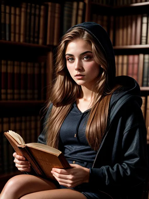 Analog photo, tv_Mia_Rodriguez_MXAI, intense expression, wearing shorts and a hoodie, reading a book in a huge old library, full body shot,, detailed high contrast background, (((Ultra-HD-details, Ultra-HD-detailed, Ultra-HD-realistic)))