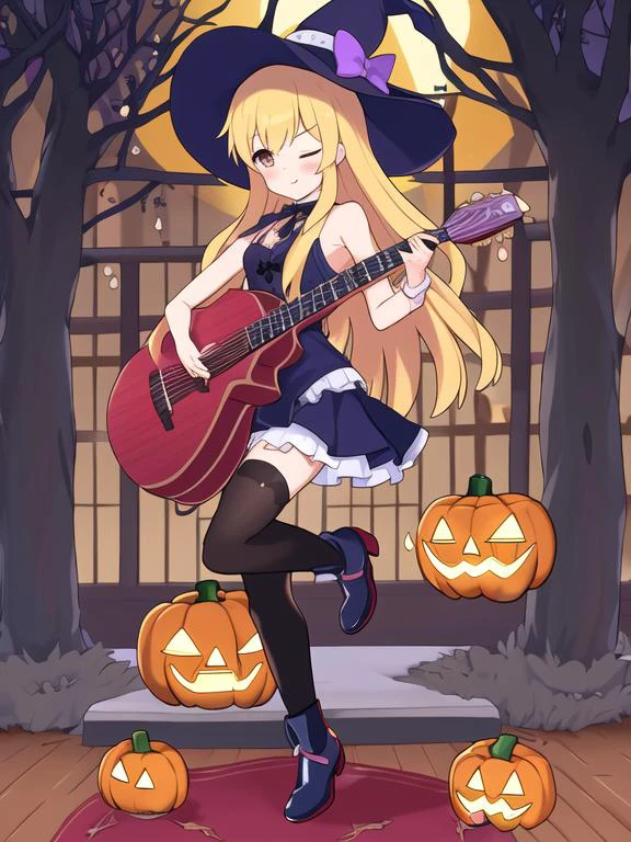 masterpiece, best quality,  1girl, skirt, long  blonde hair, instrument, sleeveless shirt, hat, shirt, sidelocks, grey thighhighs, bangs, playing instrument, sleeveless, one eye closed, holding instrument, full body, musical note, witch hat, pumpkin, standing,  shoulders, standing on one leg, white shirt, blush, purple eyes, black headwear,  leg up, orange ribbon, black footwear, halloween, jack-o'-lantern, boots, looking at viewer, purple hairband