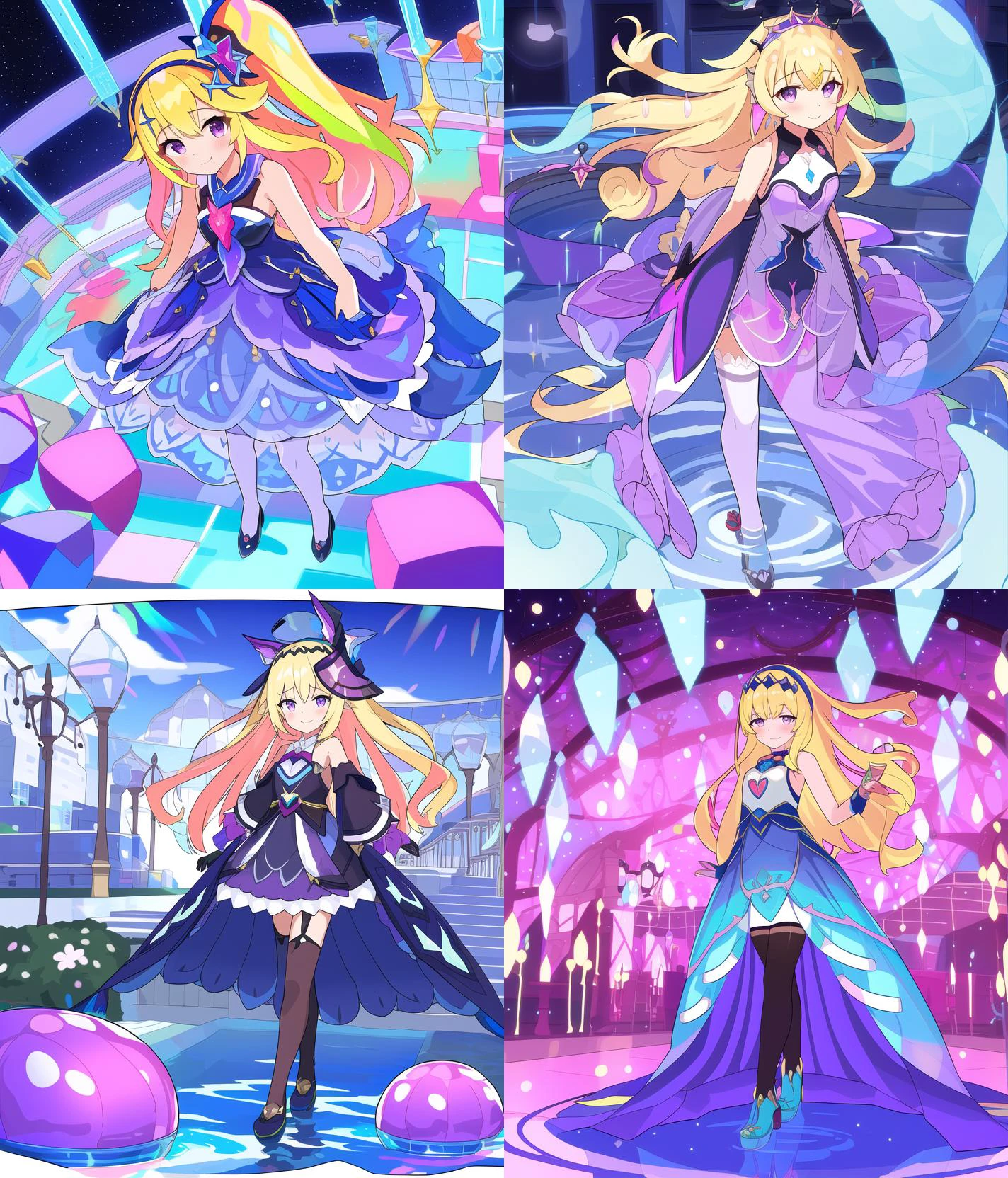 (colorful, shiny, transparent background, masterpiece, best quality, 1girl, shiny hair:1.2), long hair, dress, sidelocks, smile, thighhighs, bangs, standing, holding, blush, blonde hair, full body, solo, sleeveless dress, shoulders, sleeveless, very long hair, purple eyes, , happy, looking at viewer, transparent background, hairband, hair ornament, water, closed mouth