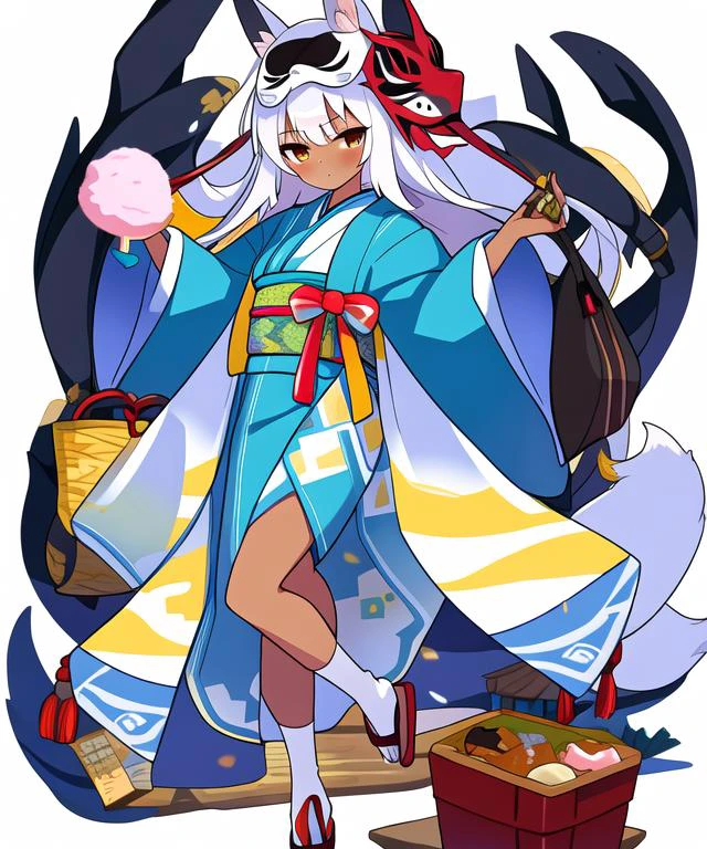 1girl, long hair, solo, sidelocks, holding, kimono, japanese clothes, transparent background, bangs, full body, dark-skinned female, sash, (dark skin:0.6), mask on head, bag, obi, animal ears, mask, long sleeves, fox mask, food, standing, wide sleeves, cotton candy, shiny hair, frills, looking at viewer, leg up, standing on one leg, very long hair, blush, white socks, bagged fish, holding food, socks