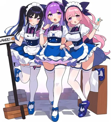 (colorful, shiny,  transparent background, masterpiece, best quality, 3girls, shiny hair:1.2),  thighhighs, long hair, bangs, frills, heart,  purple eyes, multicolored hair, bow, standing, dress, shoes, full body, two-tone hair, apron, short sleeves, open mouth, looking at viewer,  black hair, blush, blunt bangs, pink hair, blue footwear, frilled dress, purple hair, sign, sidelocks, leg up