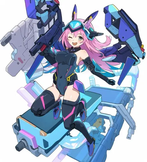 (colorful, shiny,  transparent background, masterpiece, best quality, 1girl, shiny hair:1.2),  robot girl, future machine armor, machine wings, long hair, jet on shoulders, solo, one eye closed, weapon, open mouth, pink hair,  smile, full body, holding weapon, jumping, holding, breasts, thighhighs, gloves, elbow gloves, looking at viewer, leotard, headgear, bangs, bare shoulders