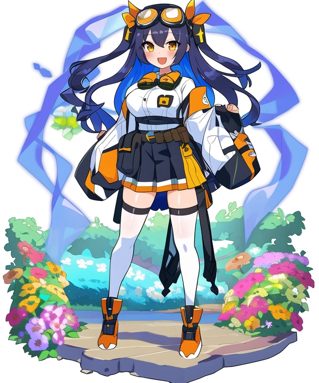 (full body, colorful, shiny,  transparent background, masterpiece, best quality, shiny hair1.2), 1girl, thighhighs, long hair, smile, , shirt, pouch, one side up, skirt, full body, flower, bangs, sidelocks, two-sided fabric, open mouth, blush, goggles, white shirt, orange flower, transparent background, standing