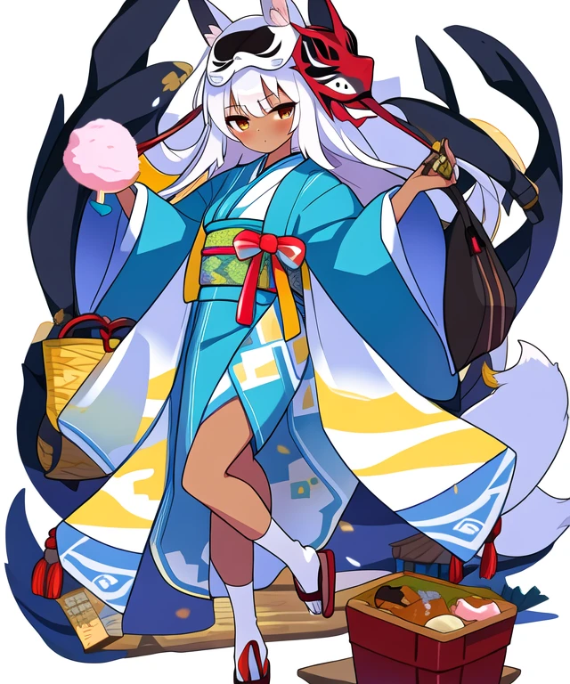 1girl, long hair, solo, sidelocks, holding, kimono, japanese clothes, transparent background, bangs, full body, dark-skinned female, sash, (dark skin:0.6), mask on head, bag, obi, animal ears, mask, long sleeves, fox mask, food, standing, wide sleeves, cotton candy, shiny hair, frills, looking at viewer, leg up, standing on one leg, very long hair, blush, white socks, bagged fish, holding food, socks
