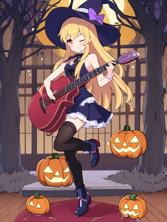 masterpiece, best quality,  1girl, skirt, long  blonde hair, instrument, sleeveless shirt, hat, shirt, sidelocks, grey thighhighs, bangs, playing instrument, sleeveless, one eye closed, holding instrument, full body, musical note, witch hat, pumpkin, standing,  shoulders, standing on one leg, white shirt, blush, purple eyes, black headwear,  leg up, orange ribbon, black footwear, halloween, jack-o'-lantern, boots, looking at viewer, purple hairband