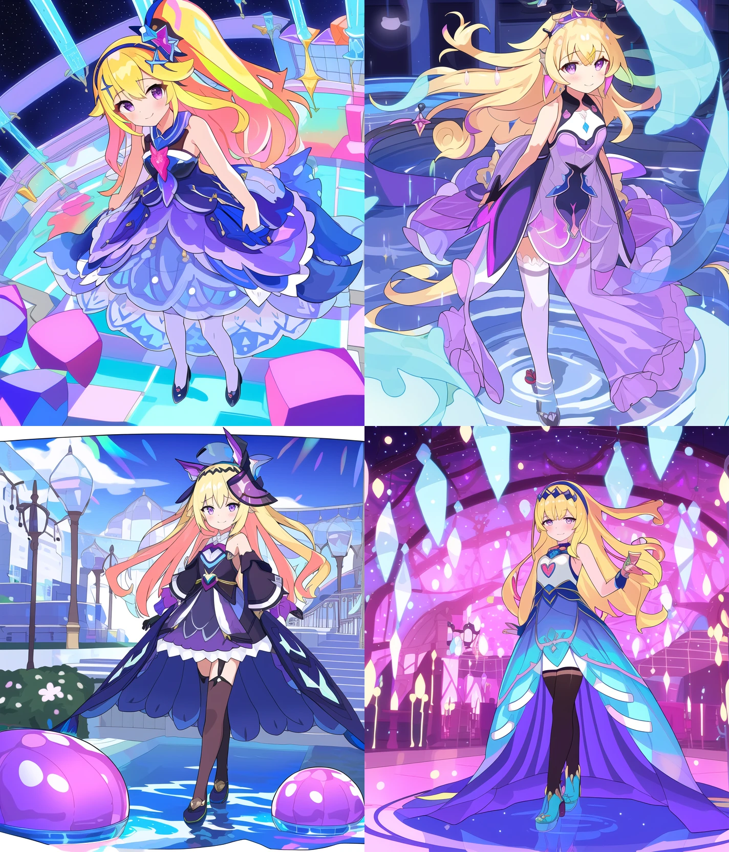 (colorful, shiny, transparent background, masterpiece, best quality, 1girl, shiny hair:1.2), long hair, dress, sidelocks, smile, thighhighs, bangs, standing, holding, blush, blonde hair, full body, solo, sleeveless dress, shoulders, sleeveless, very long hair, purple eyes, , happy, looking at viewer, transparent background, hairband, hair ornament, water, closed mouth