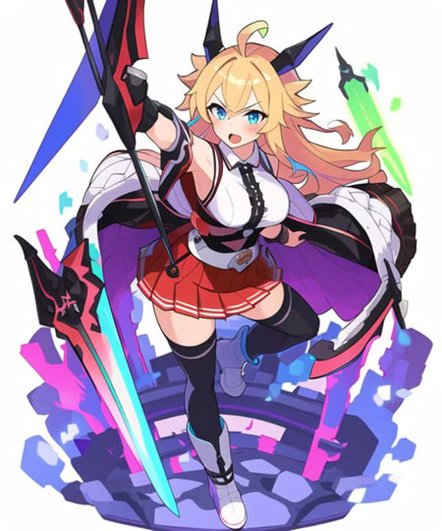 colorful , masterpiece, best quality, 1girl, weapon, long hair, , solo, thighhighs, skirt, sword, shirt, full body, sleeveless shirt, bangs, blue eyes, black thighhighs, white footwear, open mouth, ahoge, holding, shiny, frills, shiny hair, sleeveless, transparent background, blush, , zettai ryouiki, boots, blonde hair, sidelocks, pleated skirt, orange ribbon, holding weapon, v-shaped eyebrows, miniskirt, arrow (projectile), white shirt