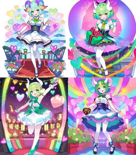 (colorful, shiny, transparent background, masterpiece, best quality, 1girl, shiny hair:1.2), heart, happy, white pantyhose, full body, heart-shaped box, smile, bangs, box, blush, holding, looking at viewer, green eyes, standing, open mouth, short hair, horns, breasts, bare shoulders, skirt, bow, shirt, bell, gift