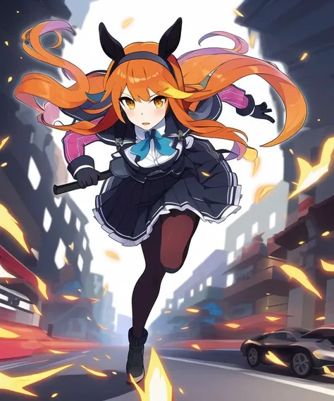 (full body, colorful, shiny, transparent background, masterpiece, best quality, shiny hair1.2), 1girl, animal ears, solo, tail, gloves, horse ears, horse tail, horse girl, long hair, skirt, pantyhose, black gloves, orange hair, running, bangs, hairband