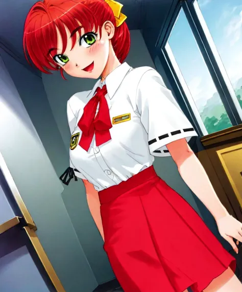 1girl, solo, :o, sunlight, masterpiece, best quality, (white pupil:1.2), eyelashes, (cute, :1.1), highres, , 1girl, solo, skirt, school uniform, pleated skirt, long legs, breasts, serafuku, bangs, large breasts, (skirt lift:1.3), standing,, classroom, <lora:hayase2:0.8>,mina_hayase, green_eye, red_hair, pony tale, school uniform,16 year old girl,large breast,yellow hair ribbon,red skirt,white shirt,,seductive smile,